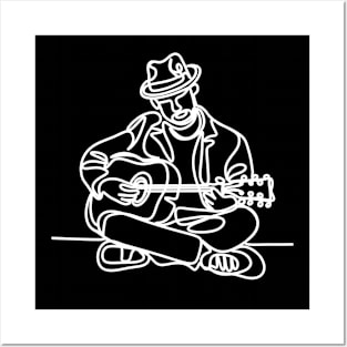 Single Line Guitarist (white) Posters and Art